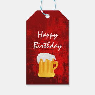 Étiquettes-cadeau Joyeux Anniversaire Beer Mug sur Rustic Red Abstra
