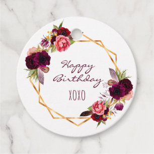 Étiquettes Cadeau Joyeux anniversaire blanc fleuri or geo bordeaux