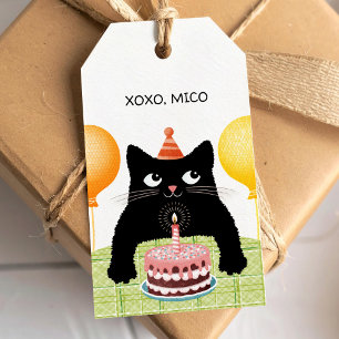 Étiquettes-cadeau Joyeux anniversaire chat de fête avec gâteau et ba