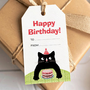 Étiquettes-cadeau Joyeux Anniversaire chat, gâteau et ballons Étique