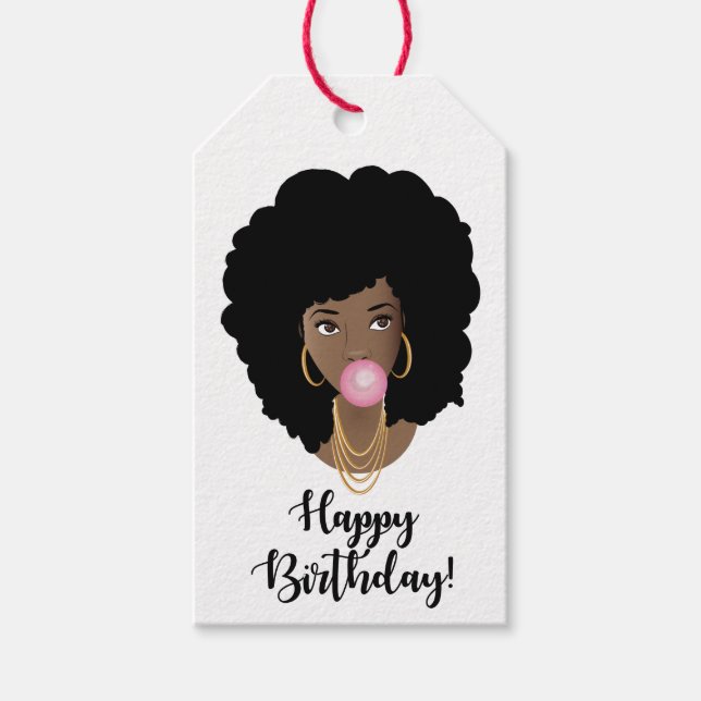 Étiquettes-cadeau Joyeux anniversaire ! Femme noire, Cheveux naturel (Devant)