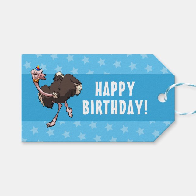Étiquettes-cadeau Joyeux Anniversaire Fête Ostrich Dancing Cartoon (Devant (Horizontal))