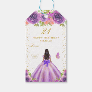 Étiquettes-cadeau Joyeux Anniversaire Fille à Peau Noire Fleur Pourp