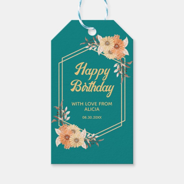 Étiquettes-cadeau Joyeux Anniversaire Fleur Orange Or Turquoise (Devant)