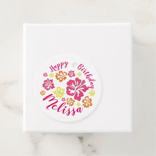 Étiquettes Cadeau Joyeux anniversaire Fleurs d'Hibiscus hawaïens tro (En situation)