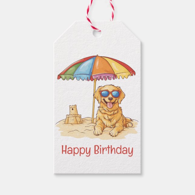 Étiquettes-cadeau Joyeux Anniversaire Golden Retriever Beach Chien (Devant)