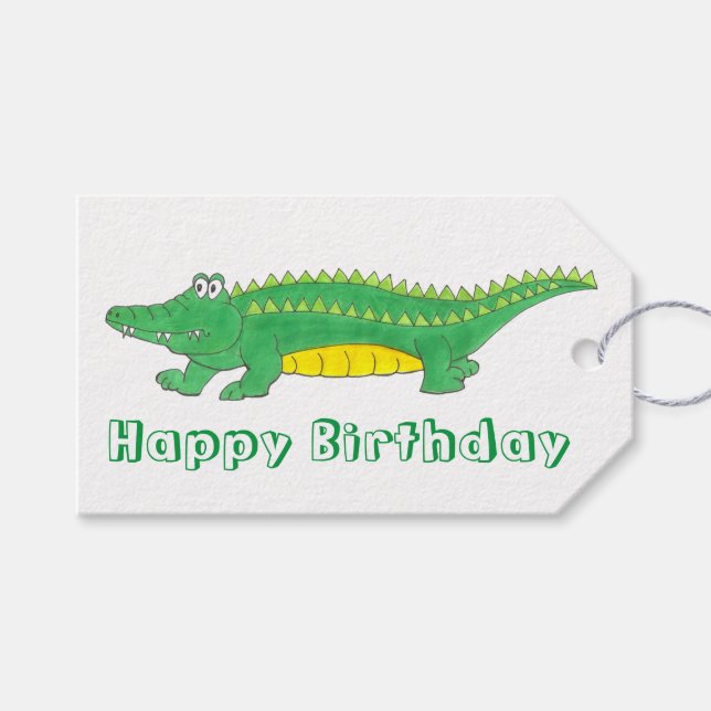 Étiquettes-cadeau Joyeux Anniversaire Jaune Alligator Vert Crocodile (Devant (Horizontal))