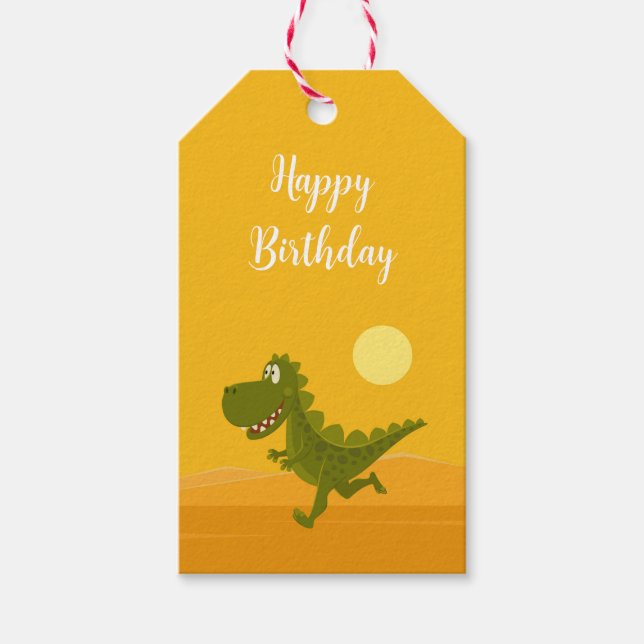 Étiquettes-cadeau Joyeux Anniversaire mignon Coureur Dino Dinosaur (Devant)