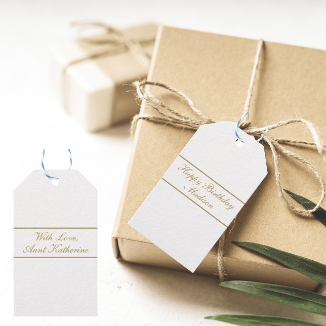 Étiquettes-cadeau Joyeux Anniversaire Nom Script Blanc Or (Créateur téléchargé)
