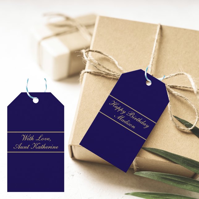 Étiquettes-cadeau Joyeux Anniversaire Nom Script Bleu Or (Créateur téléchargé)