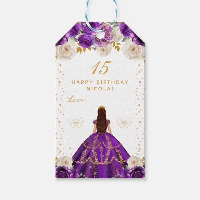 Étiquettes-cadeau Joyeux Anniversaire Princesse Fleur Violette (Devant)