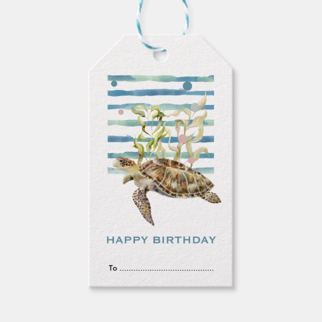 Étiquettes-cadeau Joyeux Anniversaire, Tortue de mer Tags cadeaux (Devant)