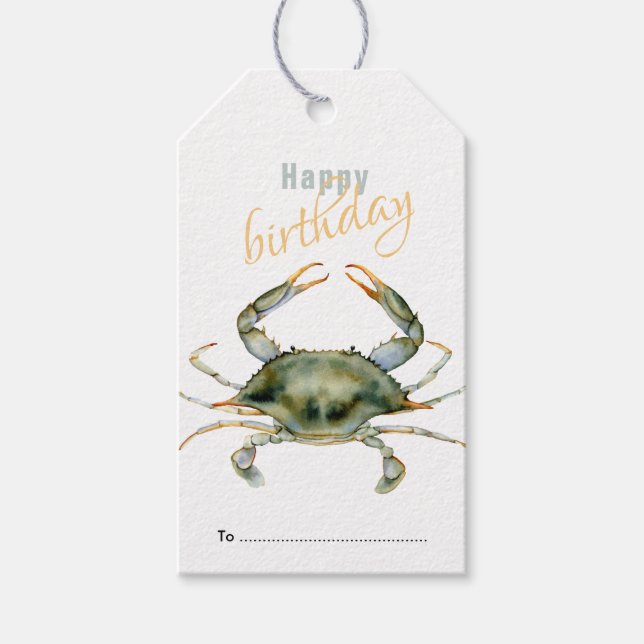 Étiquettes-cadeau Joyeux Anniversaire, Vie Marine, Crabe, Plage (Devant)