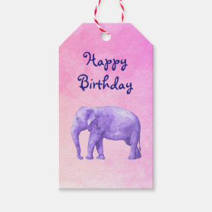 Étiquettes-cadeau Joyeux Anniversaire violet Eléphant sur rose