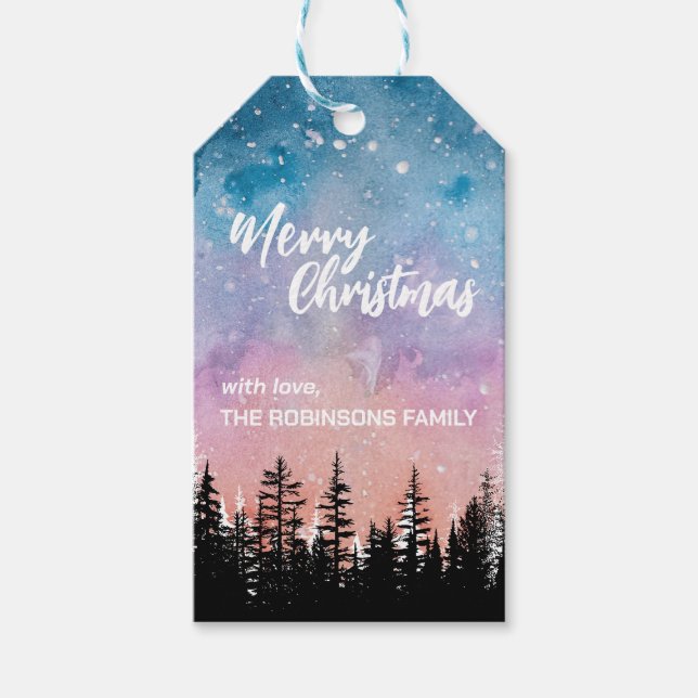 Étiquettes-cadeau Joyeux arbre de Noël Forêt de script de nuit (Devant)