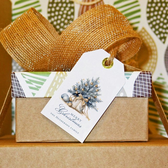 Étiquettes-cadeau Joyeux Arbre de Noël Or Bleu Nom personnalisé (Créateur téléchargé)