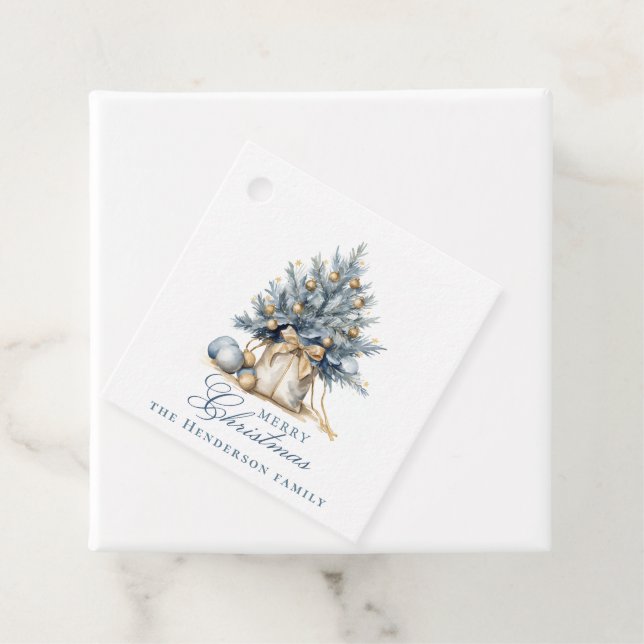 Étiquettes Cadeau Joyeux Arbre de Noël Or Bleu Nom personnalisé (En situation)