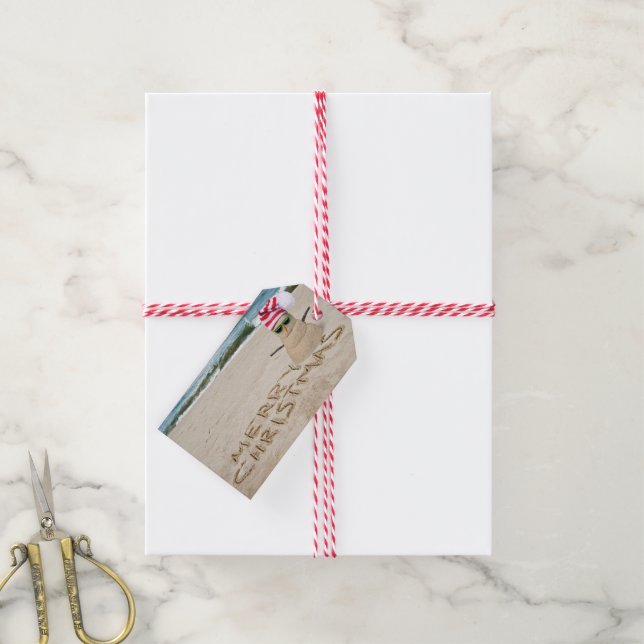 Étiquettes-cadeau Joyeux bonhomme de neige de Noël sur la plage (Avec de la ficelle)