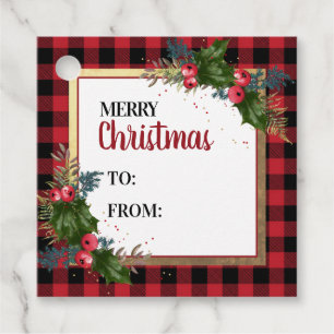 Étiquettes Cadeau Joyeux Buffalo Check Aquarelle Holly