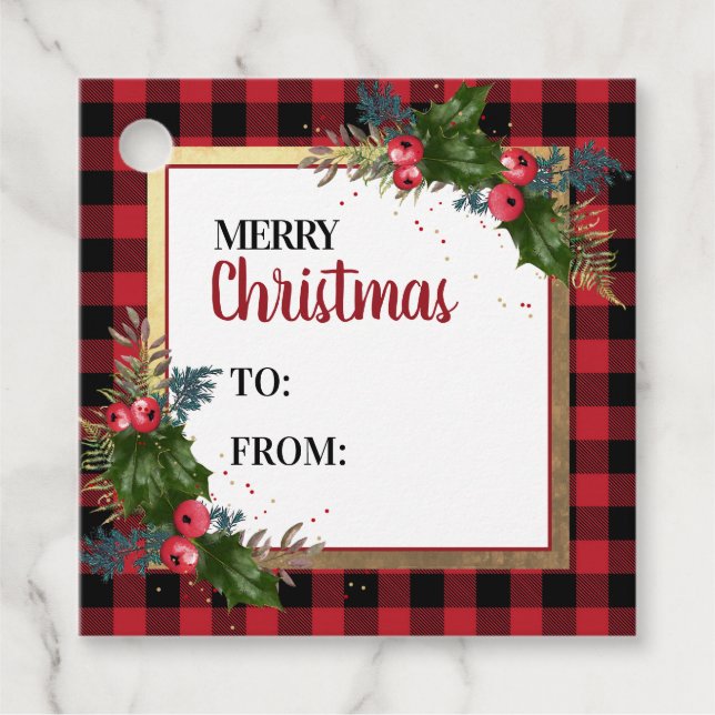 Étiquettes Cadeau Joyeux Buffalo Check Aquarelle Holly (Devant)