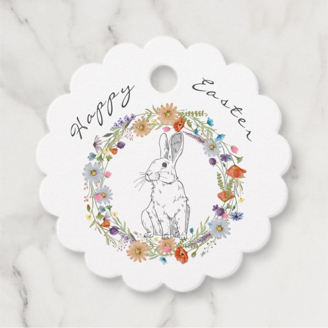 Étiquettes Cadeau Joyeux Bunny de Pâques aquarelles Boho Fleurs sauv (Devant)