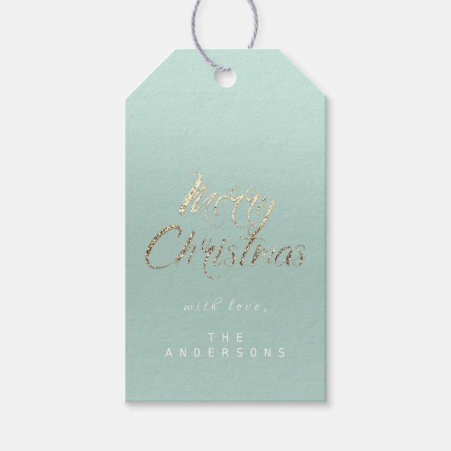 Étiquettes-cadeau Joyeux cadeau de Noël à Script Gold Aqua (Devant)