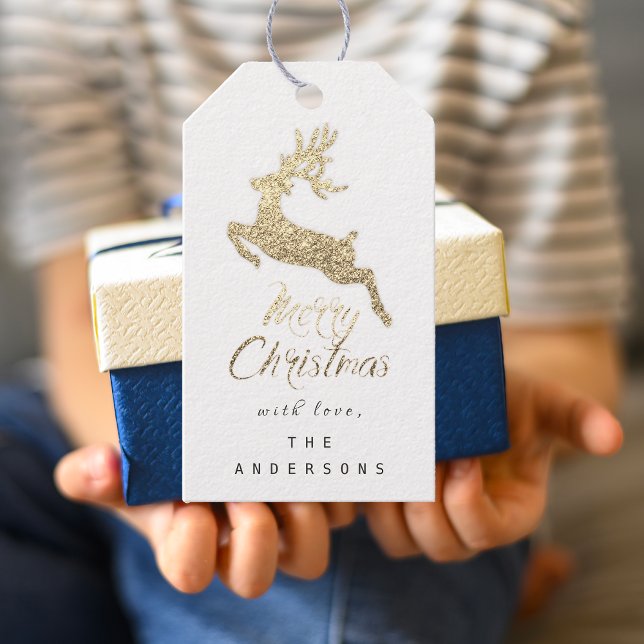 Étiquettes-cadeau Joyeux cadeau de Noël à Script Gold White Grey (Merry Christmas Gift To Script Gold White Gray Gift Tags)