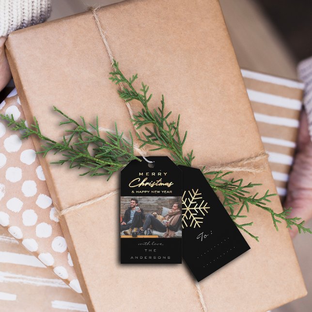 Étiquettes-cadeau Joyeux cadeau de Noël Photo Black Grey Or Neige (Merry Christmas Gift Photo Black Gray Gold Snow Gift Tags )