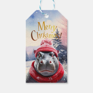 Étiquettes-cadeau Joyeux chapeau et foulard de Noël Hippo