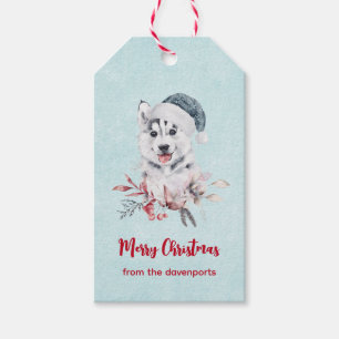 Étiquettes-cadeau Joyeux Chien Husky Noël dans un chapeau de Père No