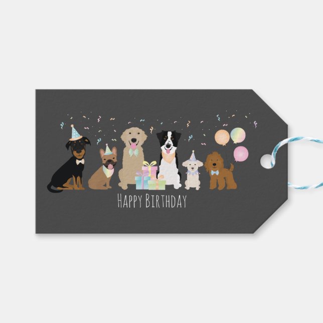 Étiquettes-cadeau Joyeux Chiens de fête d'anniversaire (Devant (Horizontal))