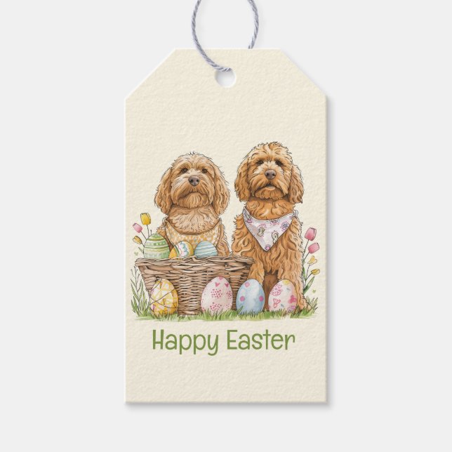 Étiquettes-cadeau Joyeux Chiens Goldendoodle de Pâques (Devant)