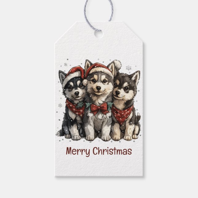 Étiquettes-cadeau Joyeux Chiens Husky Noël (Devant)