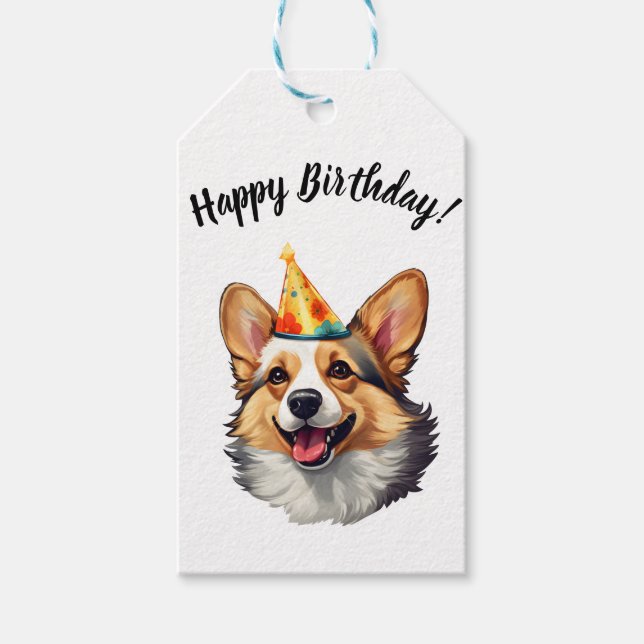 Étiquettes-cadeau Joyeux cône d'anniversaire Corgi (Devant)