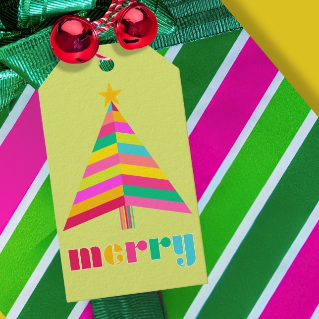 Étiquettes-cadeau joyeux couleur rayé Arbre de Noël vert brillant (merry fun bright geometric stripe tree gift tag with bright pear green background)
