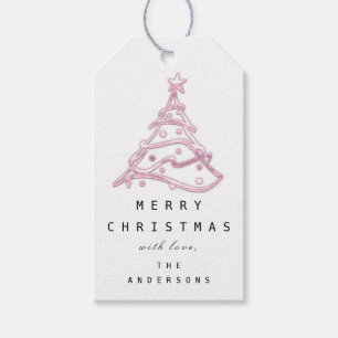 Étiquettes-cadeau Joyeux de nommer l'arbre de Noël rose blanc