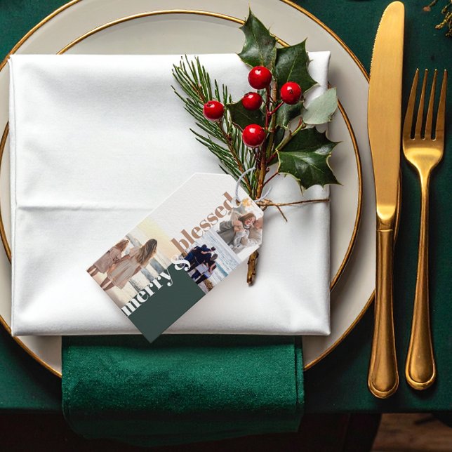 Étiquettes-cadeau Joyeux et bienheureux Noël de famille Photo verte (Créateur téléchargé)