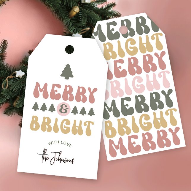 Étiquettes-cadeau Joyeux et brillant couleur rétro Noël Super (Embrace the retro charm with this Merry & Bright Christmas Gift Tag with space for your name)