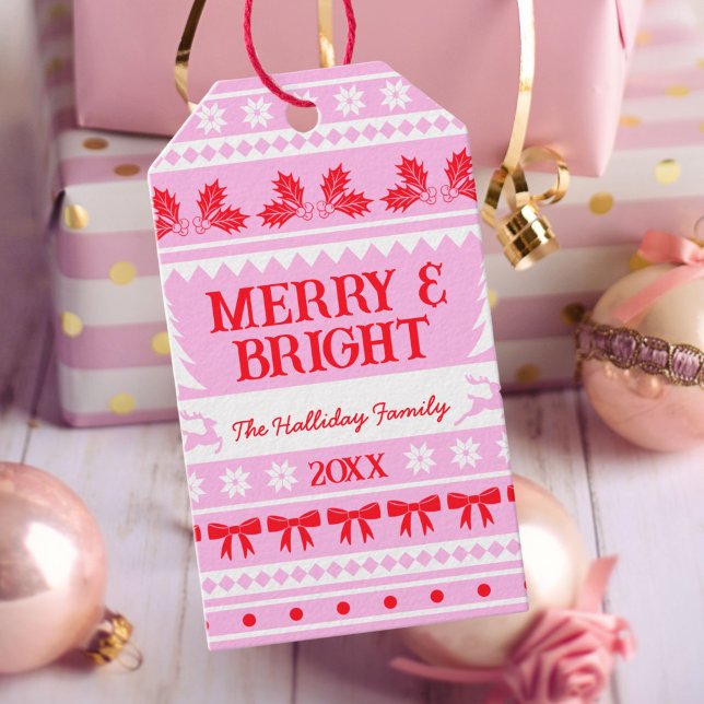 Étiquettes-cadeau Joyeux et brillant pull de Noël rose, rouge et bla (Merry & Bright Christmas Sweater Pink, Red & White Gift Tags)