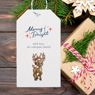 Étiquettes-cadeau Joyeux et brillant renne de Noël rétro Script