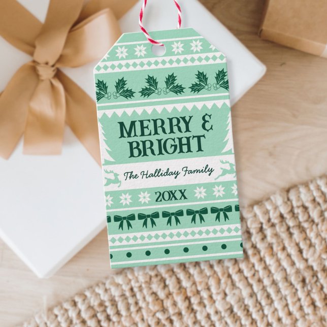 Étiquettes-cadeau Joyeux et brillant Sweat de Noël Mint Green (Merry & Bright Christmas Sweater Mint Green Gift Tags)