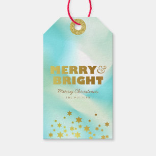 Étiquettes-cadeau Joyeux et lumineux Pastel Green Gradient & Gold