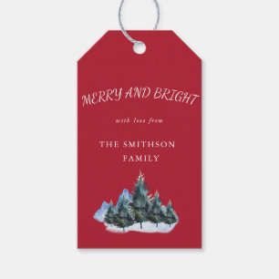 Étiquettes-cadeau Joyeux et lumineux, Pins Arbres Red Holiday