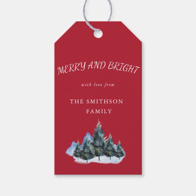 Étiquettes-cadeau Joyeux et lumineux, Pins Arbres Red Holiday (Devant)