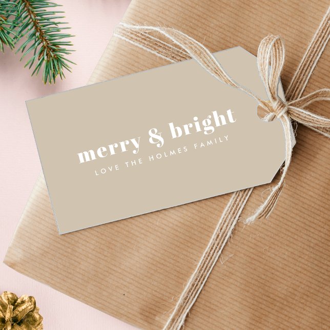 Étiquettes-cadeau Joyeux et lumineux | Stylish Retro Christmas Stone (Stylish minimalist Christmas tags with elegant retro lettering for festive wrapping and gifts)
