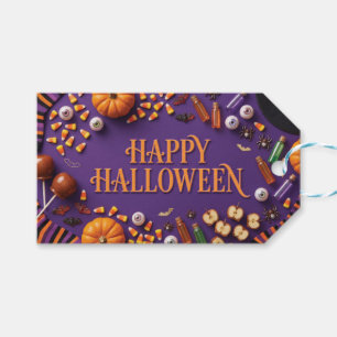 Étiquettes-cadeau Joyeux Halloween à plat sur fond violet