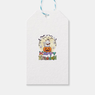 Étiquettes-cadeau Joyeux Halloween Chat Blanc Citrouille Lune Chauve