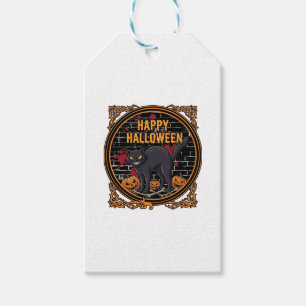 Étiquettes-cadeau Joyeux Halloween Chat Noir Citrouilles Os_1
