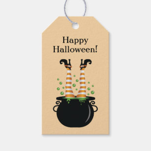 Étiquettes-cadeau Joyeux Halloween de sorcière orange dans la brasse