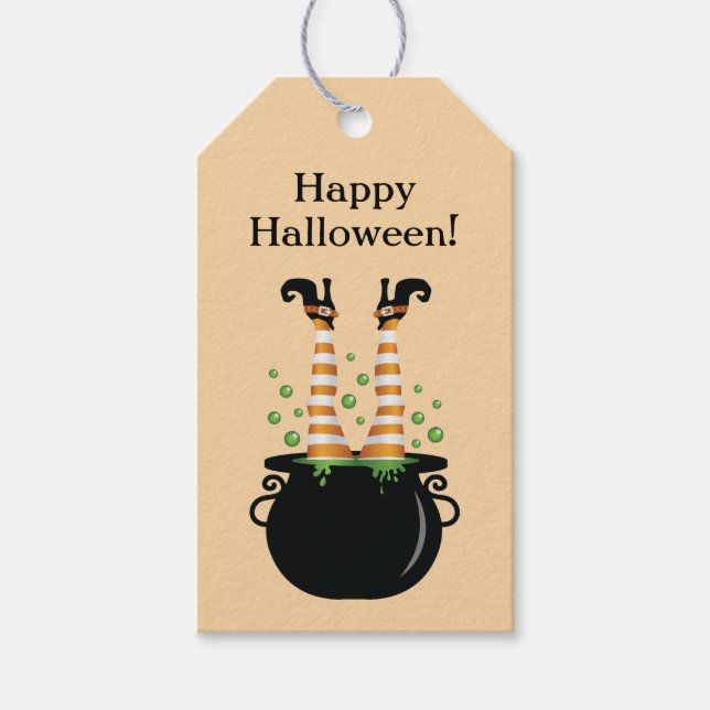 Étiquettes-cadeau Joyeux Halloween de sorcière orange dans la brasse (Devant)
